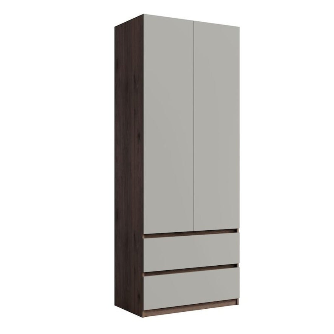 Tall wardrobe with two doors and two drawers on a white background