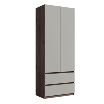Tall wardrobe with two doors and two drawers on a white background