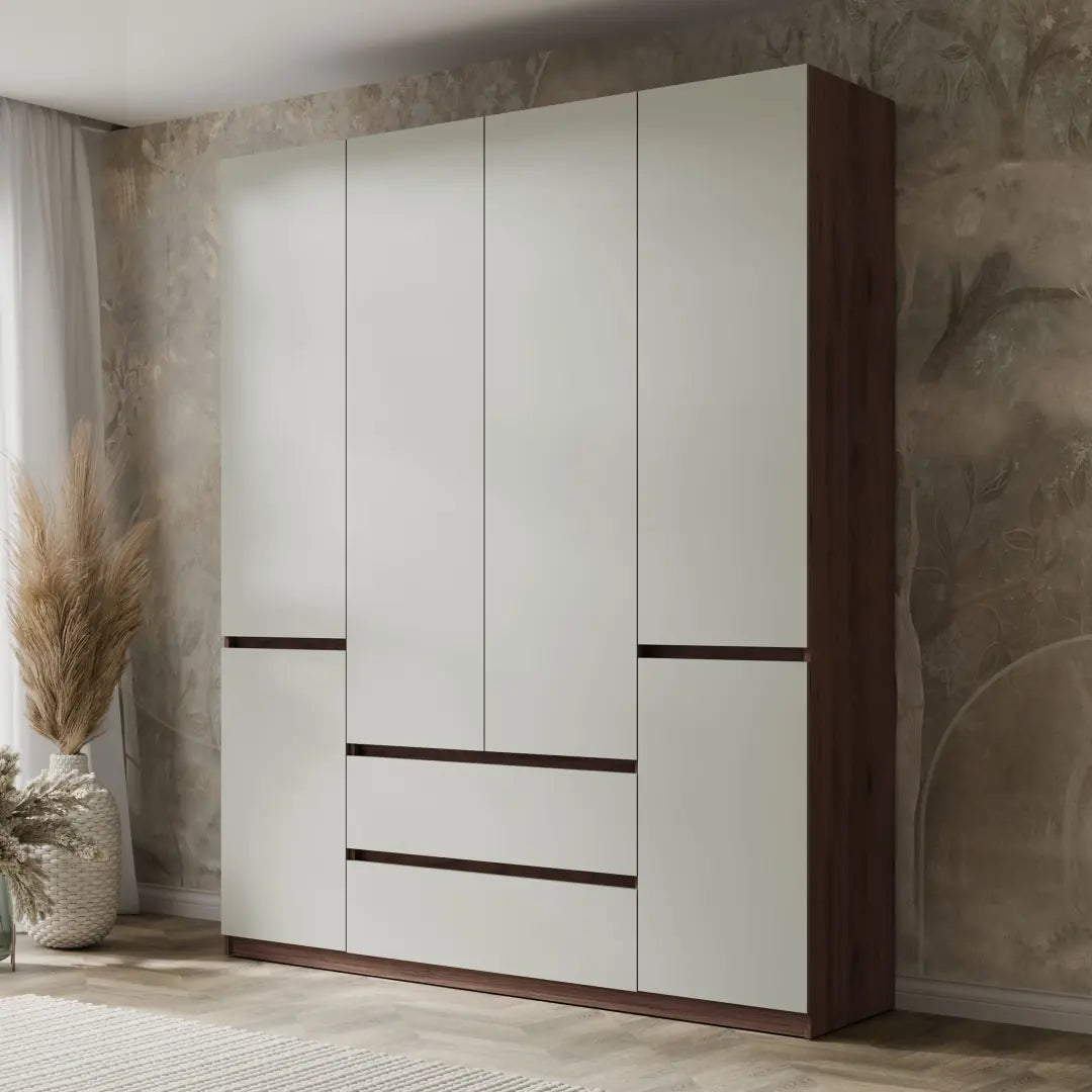 Modern wardrobe with white doors and wooden frame in a room with decorative elements.