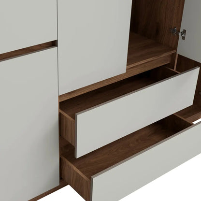 Wooden cabinet with white doors and shelves on a white background