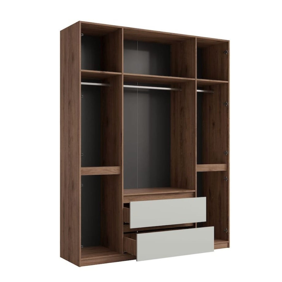 Wooden wardrobe with shelves and drawers on a white background