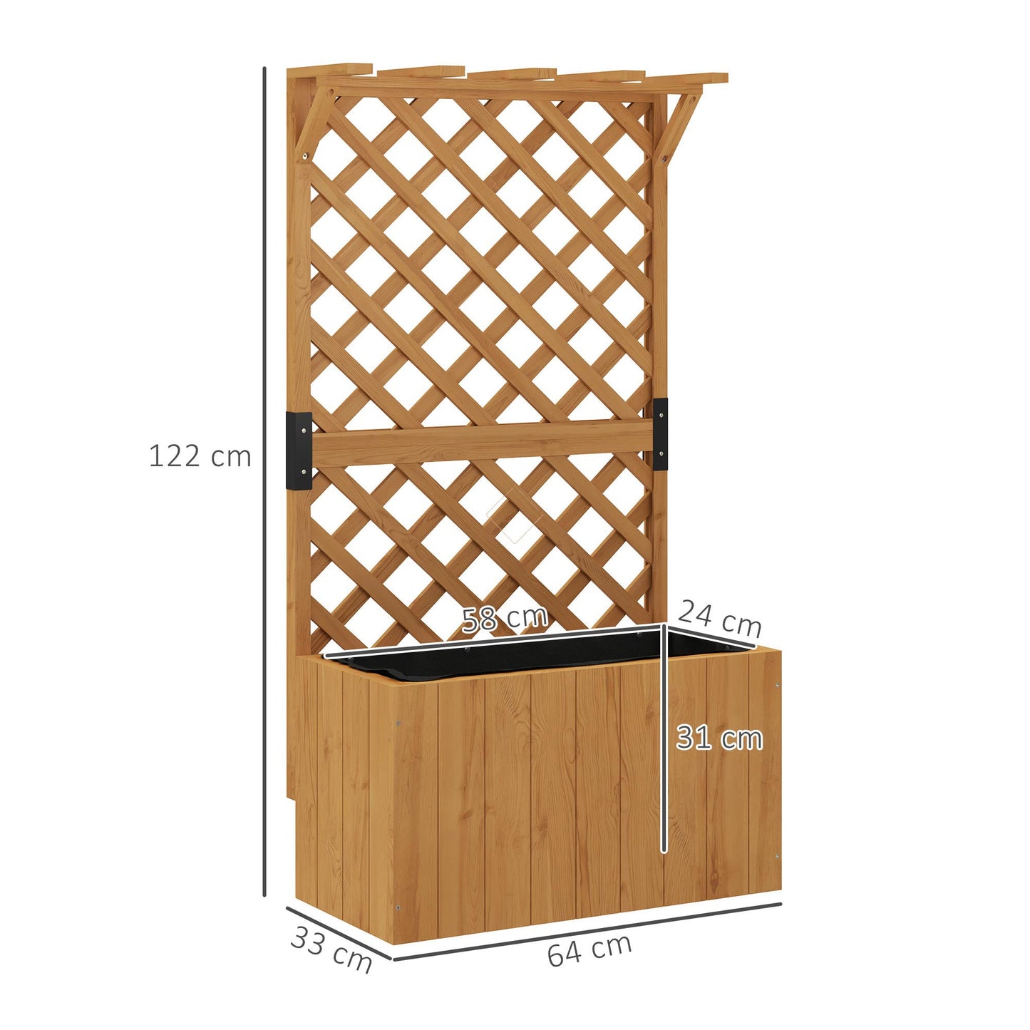 Outsunny Wooden Planter with Trellis, Freestanding Raised Garden Bed with Drainage Holes, Outdoor Planter Box with Liner for Vegetables, Herbs and Flowers, Natural