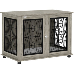 PawHut Indoor Dog Crate Furniture End Table with Soft Washable Cushion, Lockable Front Door, for Large Dogs - Grey