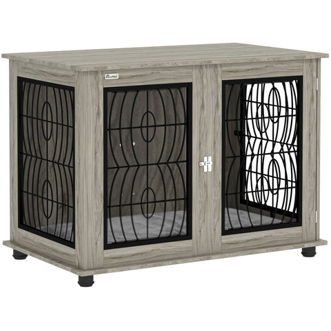PawHut Indoor Dog Crate Furniture End Table with Soft Washable Cushion, Lockable Front Door, for Large Dogs - Grey