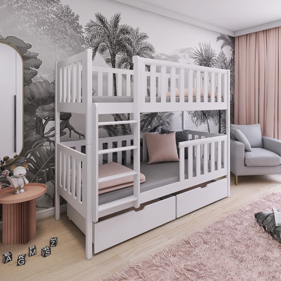 White bunk bed in a room with palm tree wallpaper and gray sofa.