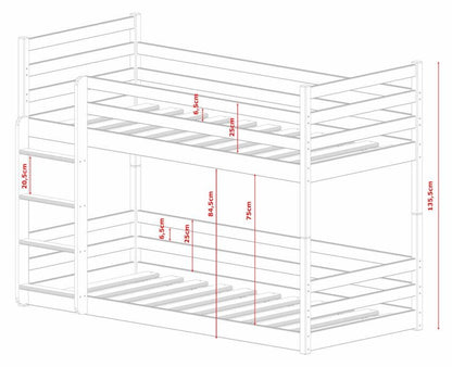 White metal bunk bed with dimensions marked on a white background