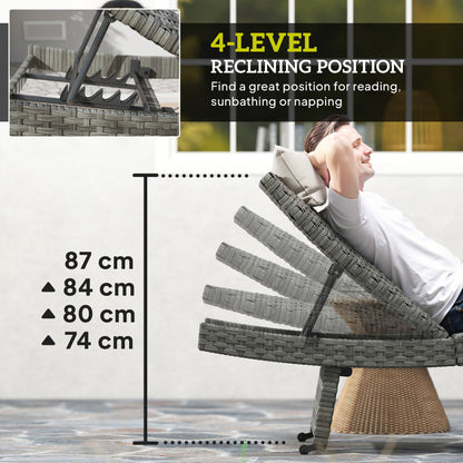 Outsunny Outdoor PE Rattan Sun Lounger, Folding Wicker Garden Lounger Recliner with 4-Level Adjustable Backrest, Rolling Sunbed Lounge Chair with Wheels, Non-Slip Legs for Balcony, Beach, Mixed-grey