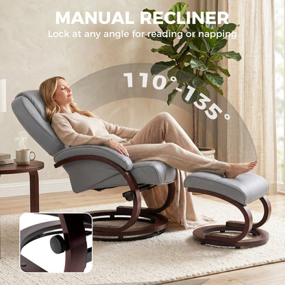 HOMCOM Swivel Recliner Chair with Footstool, PU Leather Recliner Armchair with Adjustable Back and Wood Frame, Grey