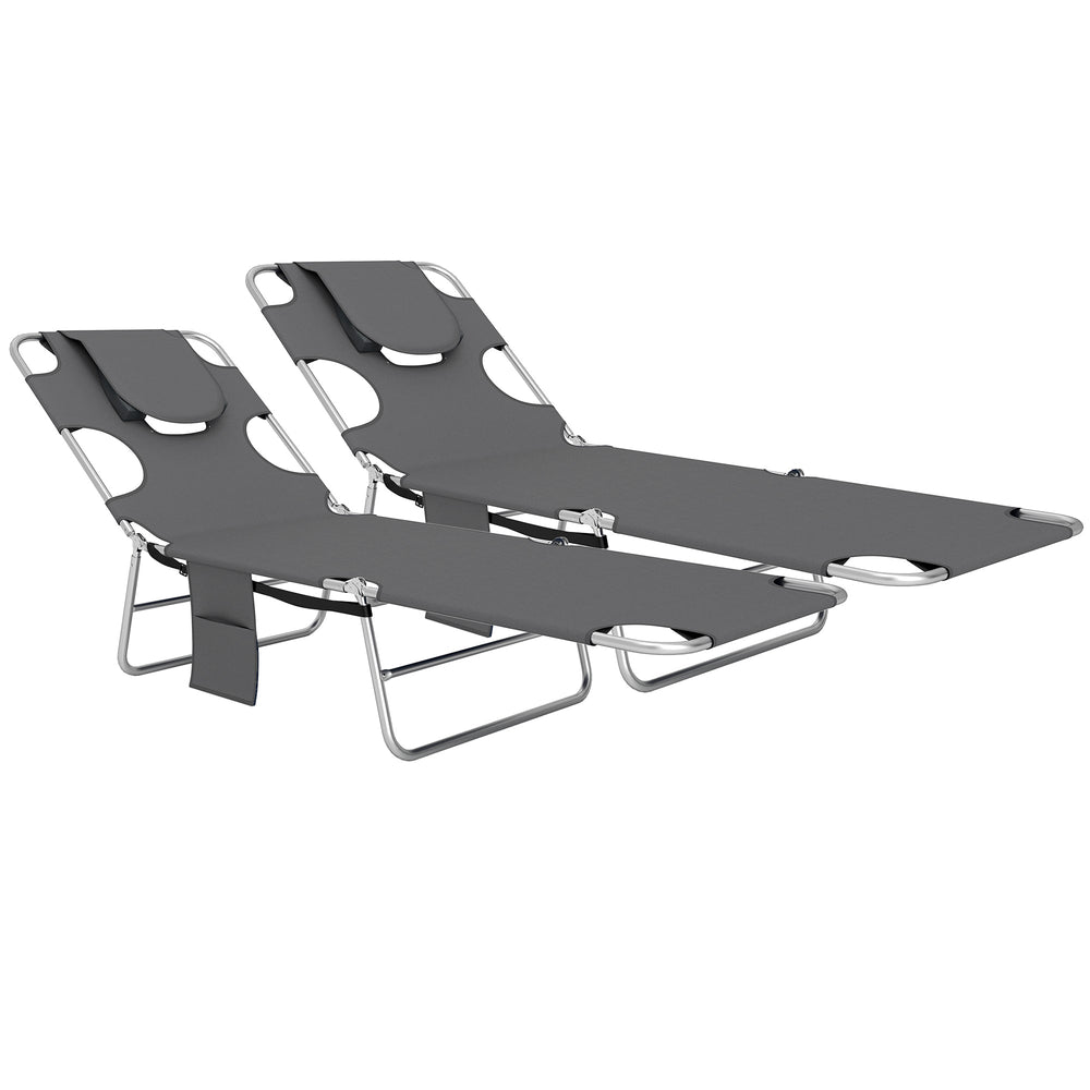 Outsunny Foldable Sun Lounger Set of 2, Beach Chaise Lounge with Reading Hole, Arm Slots, 5-Position Adjustable Backrest, Side Pocket, Pillow for Garden, Beach, Pool, Dark Grey