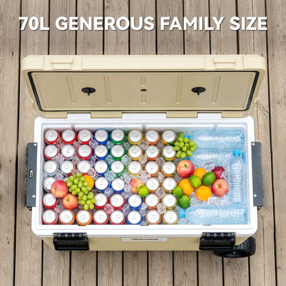 Outsunny 70L Insulated Cool Box with Wheels, Portable Ice Cooler with Handle, Lid and Drain Valve, Khaki