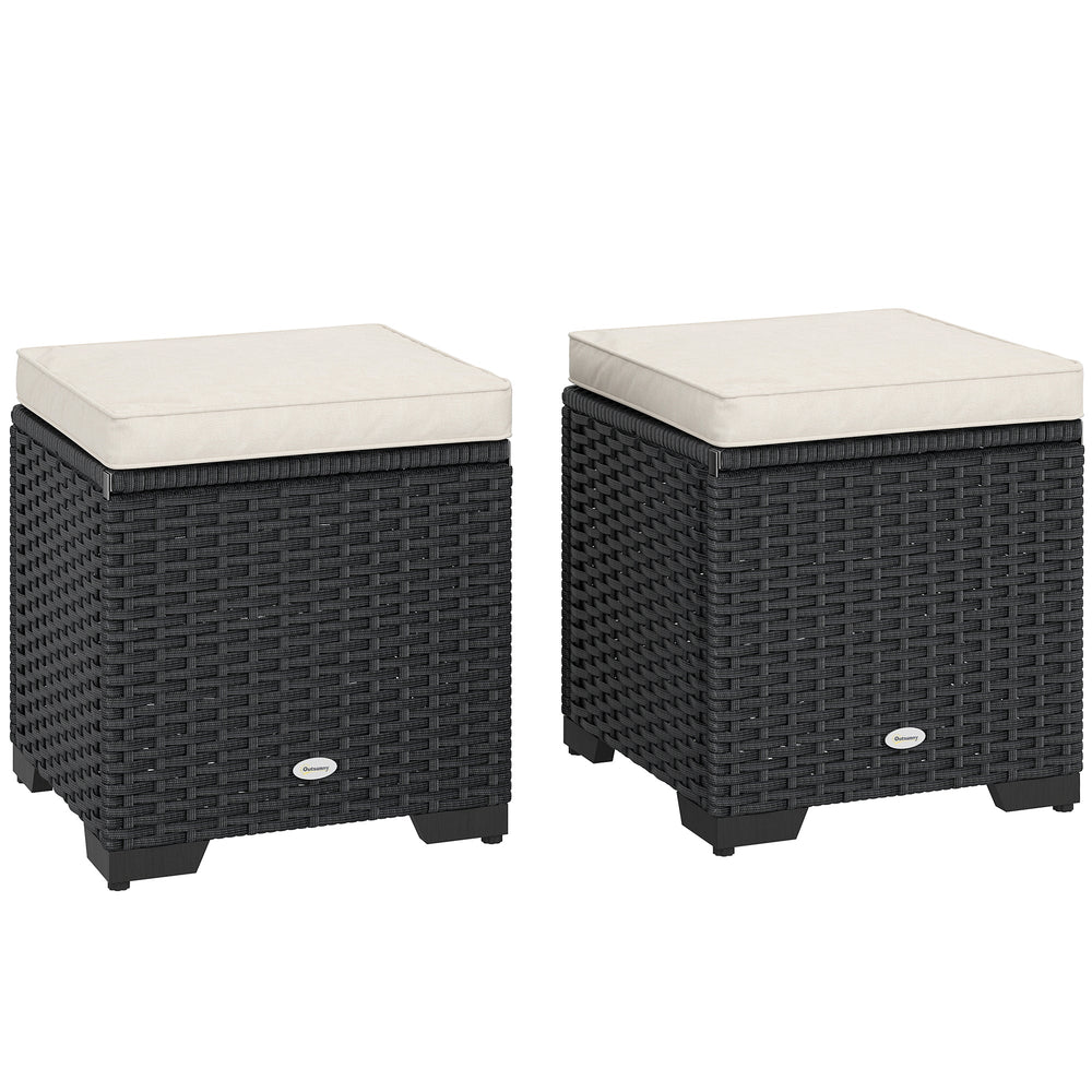 Outsunny Set of 2 Rattan Storage Ottoman, Outdoor Footstool with Removable Cushions, Garden Storage Seat for Balcony, Porch, Living Room, Cream