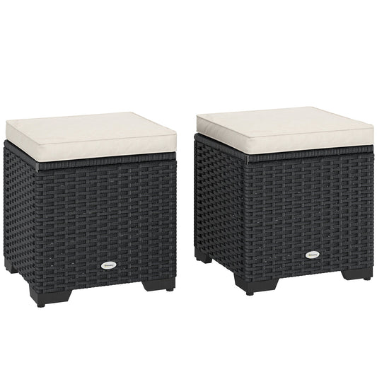 Outsunny Set of 2 Rattan Storage Ottoman, Outdoor Footstool with Removable Cushions, Garden Storage Seat for Balcony, Porch, Living Room, Cream