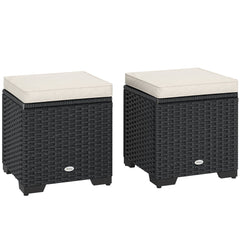 Outsunny Set of 2 Rattan Storage Ottoman, Outdoor Footstool with Removable Cushions, Garden Storage Seat for Balcony, Porch, Living Room, Cream
