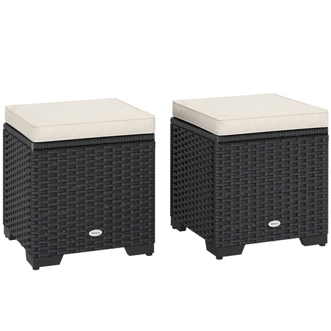 Outsunny Set of 2 Rattan Storage Ottoman, Outdoor Footstool with Removable Cushions, Garden Storage Seat for Balcony, Porch, Living Room, Cream