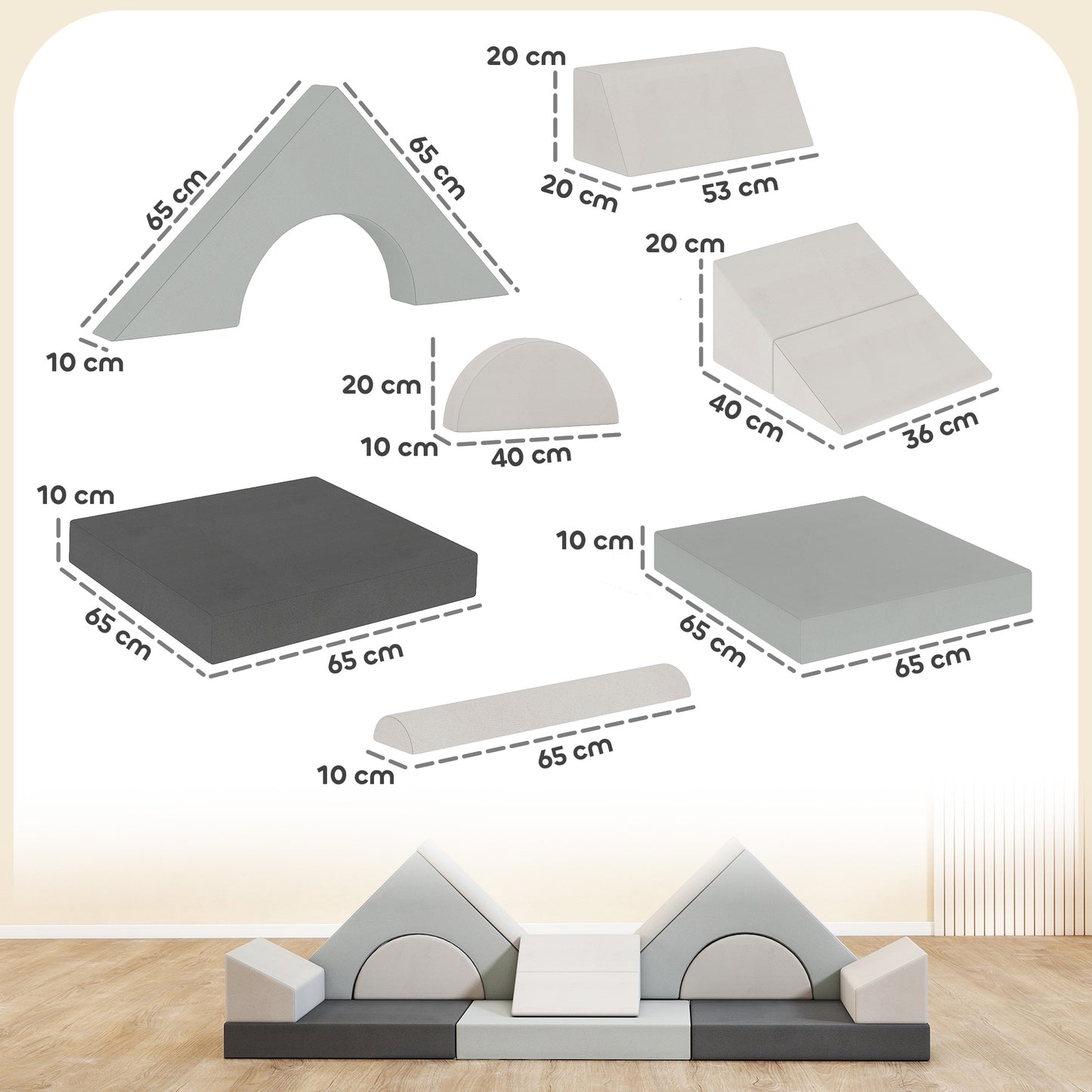 AIYAPLAY Kids Play Sofa, 12 Pieces Foam Modular Soft Play Set for Playroom, Children Convertible Sofa for Boys and Girls, Grey