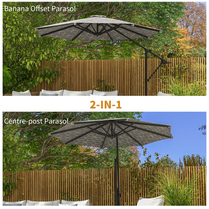 Outsunny 3(m) Convertible Cantilever Parasol and Centre-post Garden Parasol with Cross Base, 360Â° Rotation Banana Parasol with Crank Handle and 8 Ribs, Hanging Patio Umbrella, Black and White