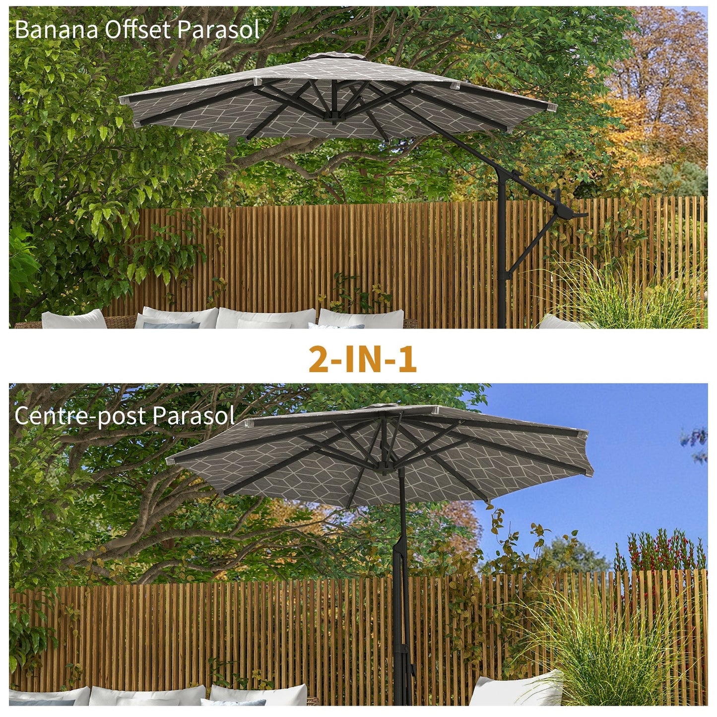 Outsunny 3(m) Convertible Cantilever Parasol and Centre-post Garden Parasol with Cross Base, 360  Rotation Banana Parasol with Crank Handle and 8 Ribs, Hanging Patio Umbrella, Black and White