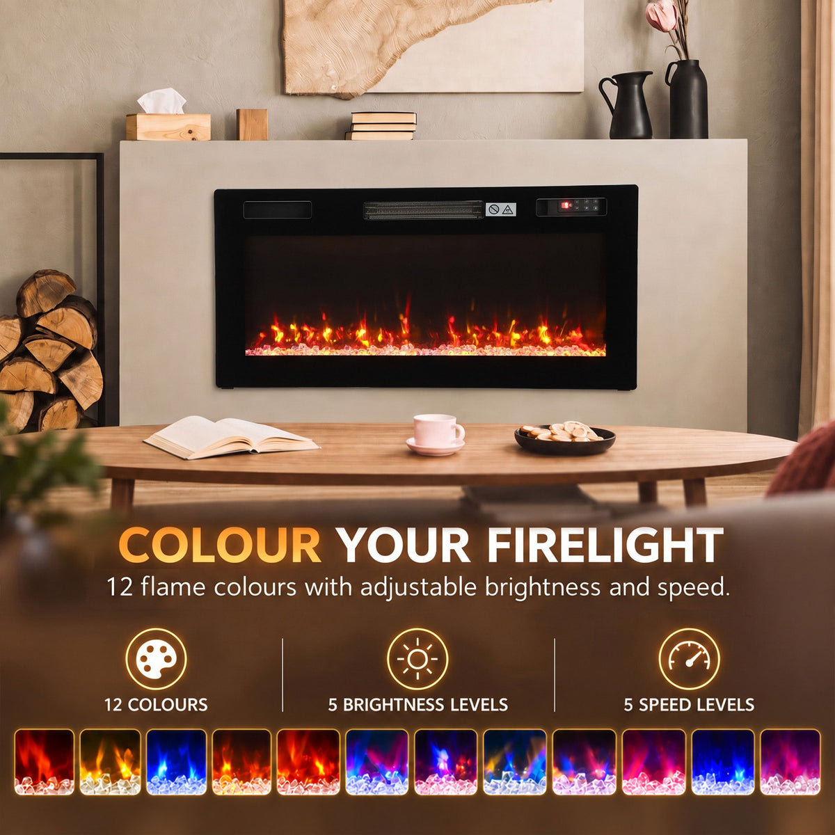 HOMCOM Ultra-Thin Electric Fire Wall Mounted/Recessed/Freestanding 92cm/36" Electric Fireplace with 12 Colours, 5 Brightness