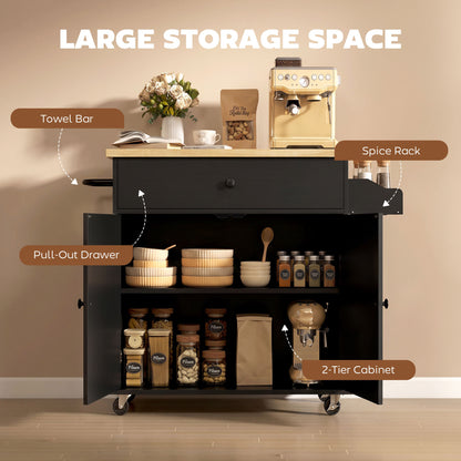 HOMCOM Kitchen Island with Drop Leaf, Rolling Kitchen Storage Trolley on Wheels with Drawer, Spice Rack and Towel Rack, Black