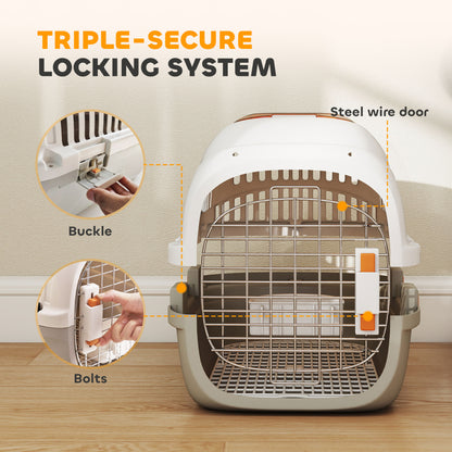 PawHut Plastic Pet Carrier Hard Shell Dog Cat Carrier Max 4 KG Steel Door Feed Bowl Secure Lock 49 x 32 x 31 cm