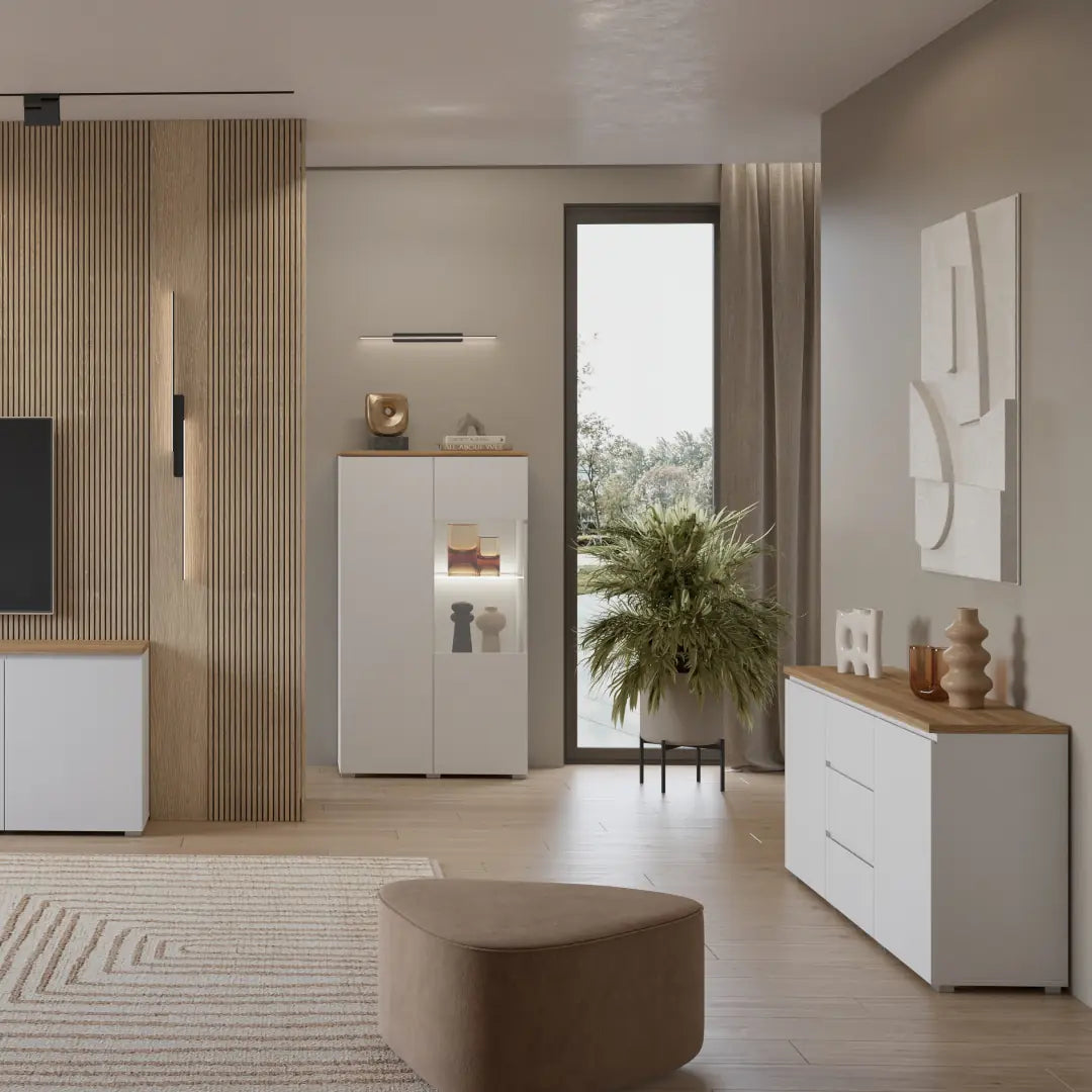 Modern living room with white furniture, wooden accents, and decorative elements.