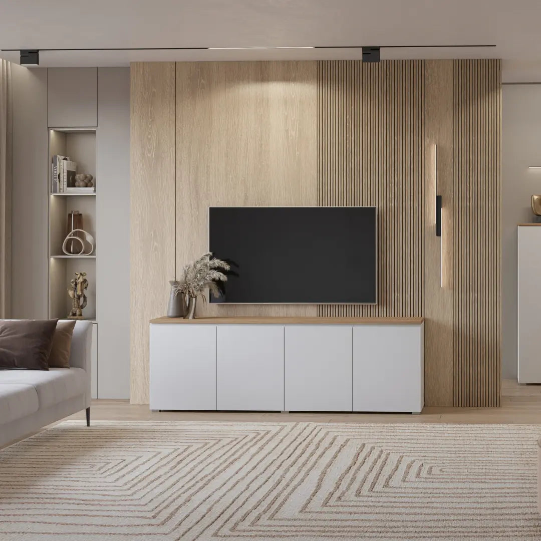 Modern living room with a television on a wooden stand against a wooden wall.