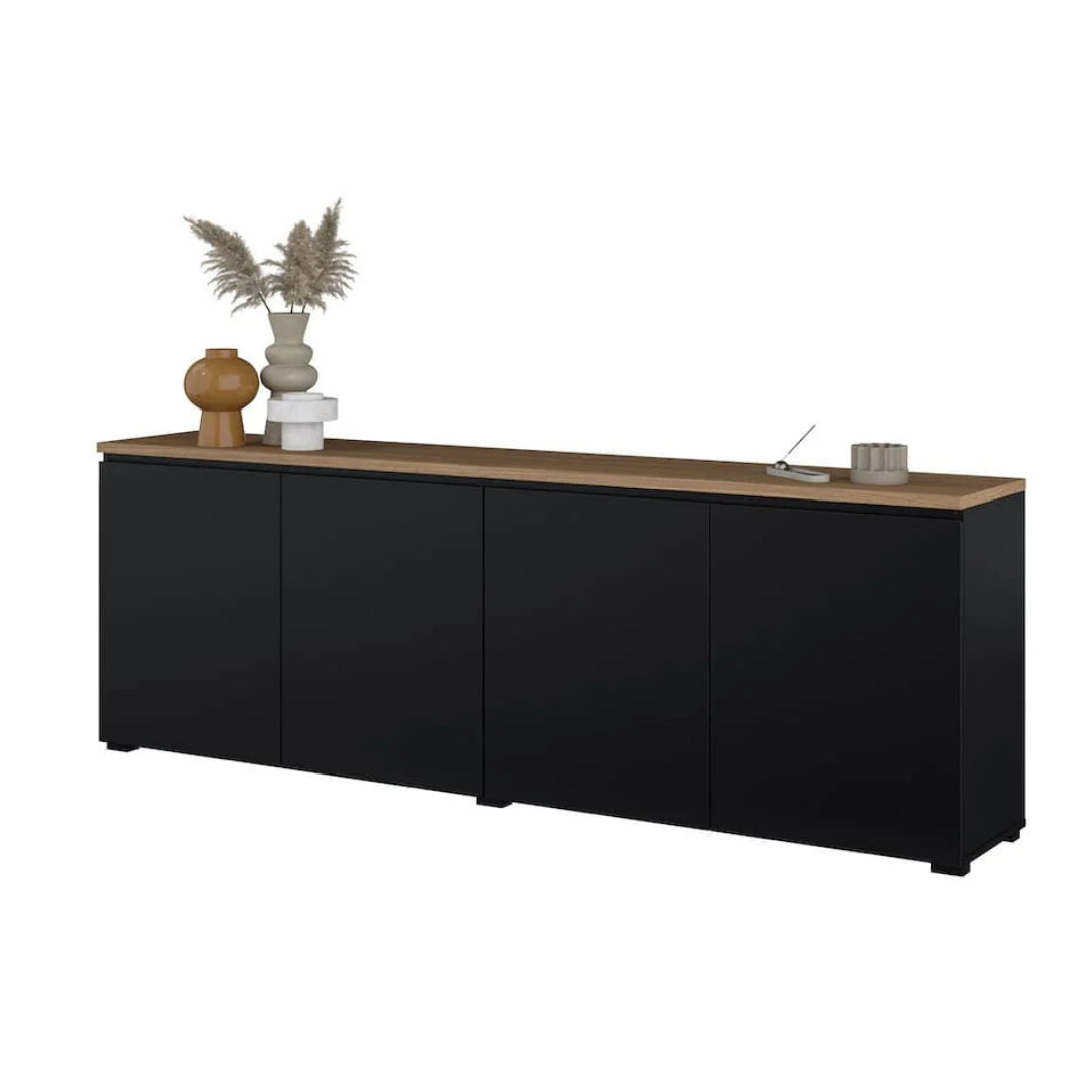 Black sideboard with wooden top on a white background
