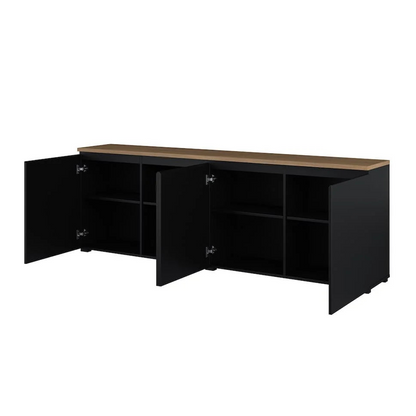 Black L-shaped desk with wooden top on a white background