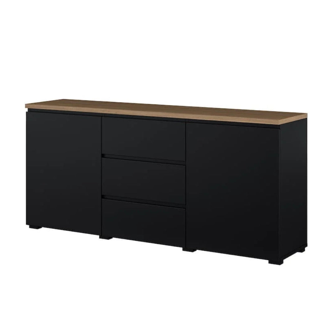 Black sideboard with wooden top on a white background