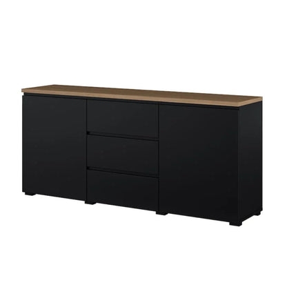 Black sideboard with wooden top on a white background