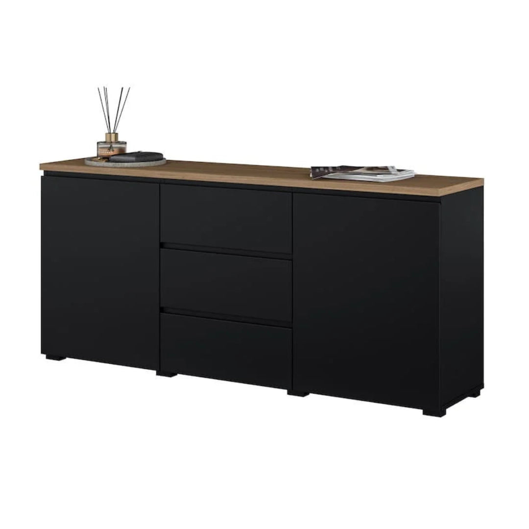 Black sideboard with wooden top on a white background