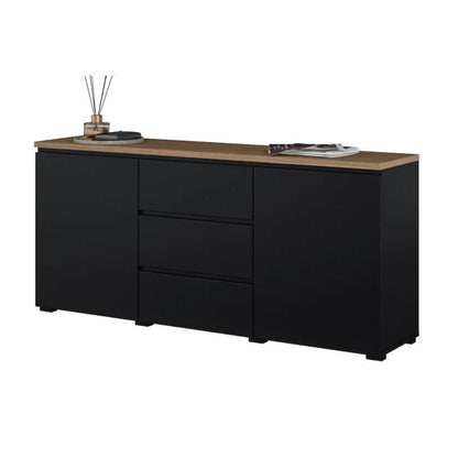 Black sideboard with wooden top on a white background