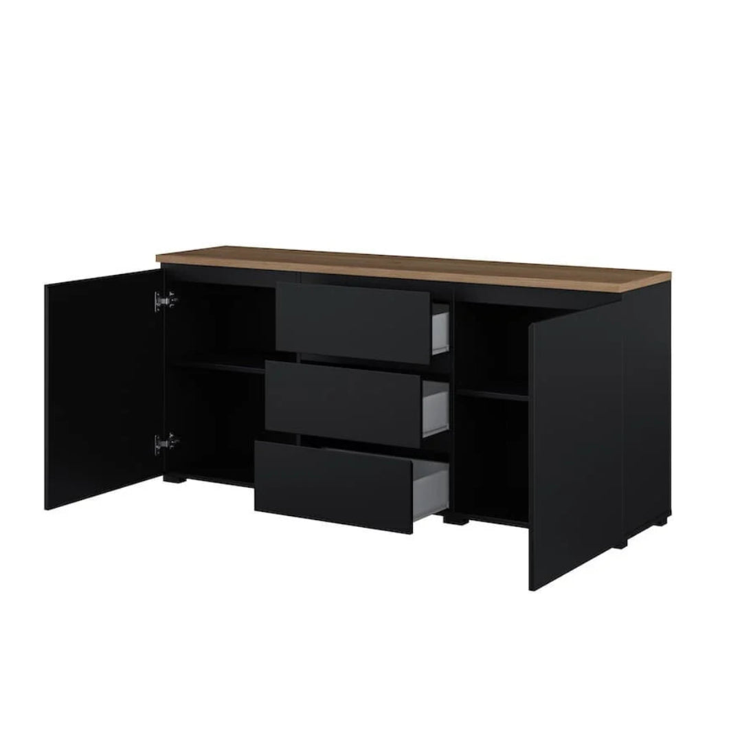 Black cabinet with open door on a white background