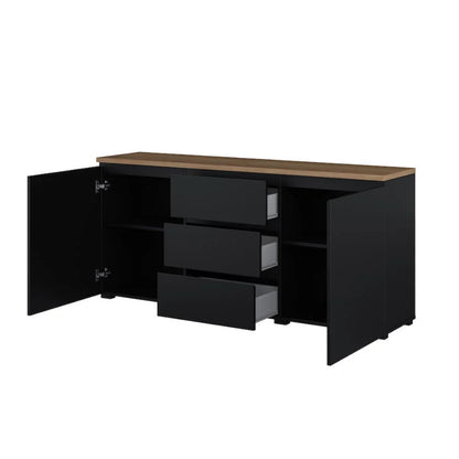 Black cabinet with open door on a white background