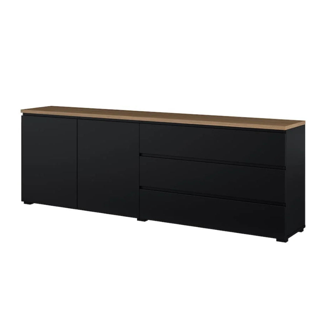 Black dresser with wooden top on a white background