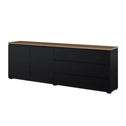 Black dresser with wooden top on a white background