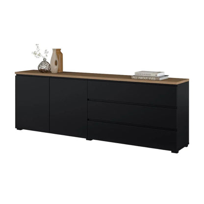 Black sideboard with wooden top on a white background