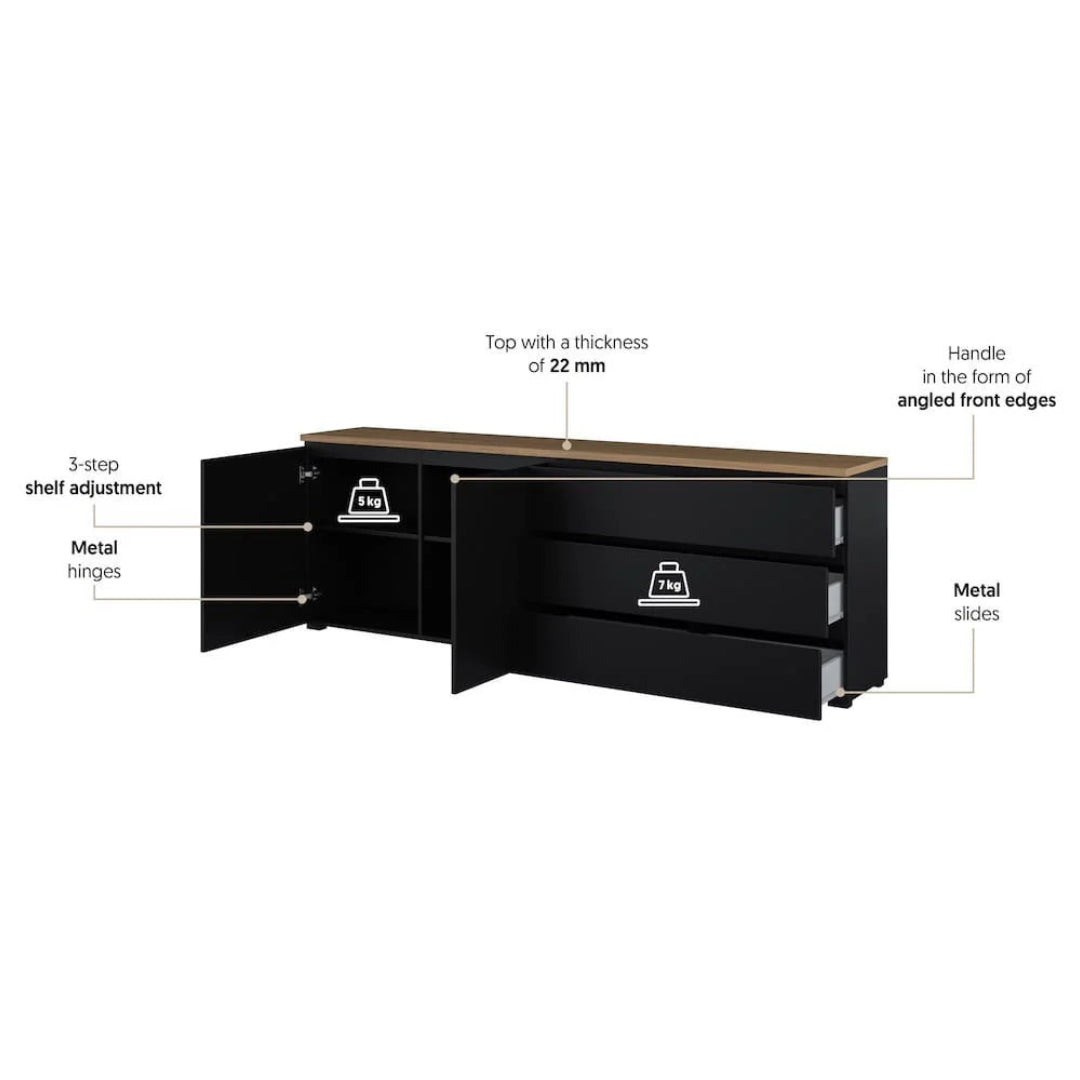 Black L-shaped desk with features highlighted on a white background