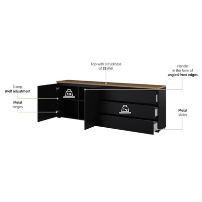 Black L-shaped desk with features highlighted on a white background