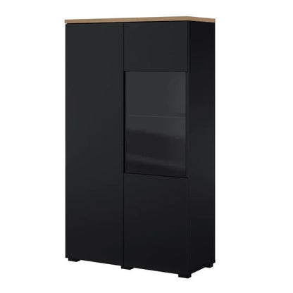 Black cabinet with a wooden top on a white background