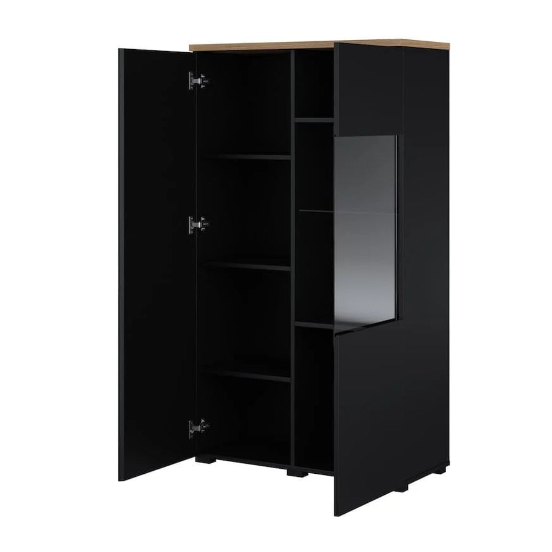 Black wardrobe with a wooden top on a white background
