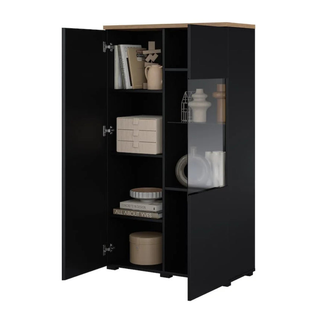 Black cabinet with glass door on a white background