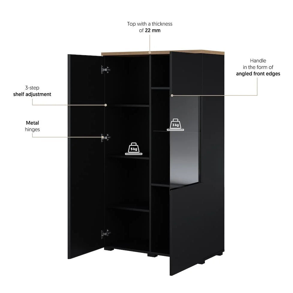 Black cabinet with features highlighted on a white background