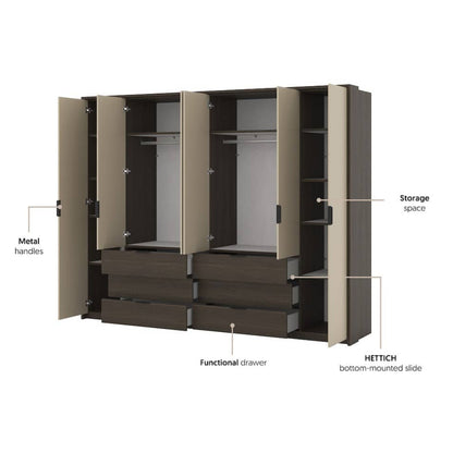 Wooden wardrobe with labeled components on a white background