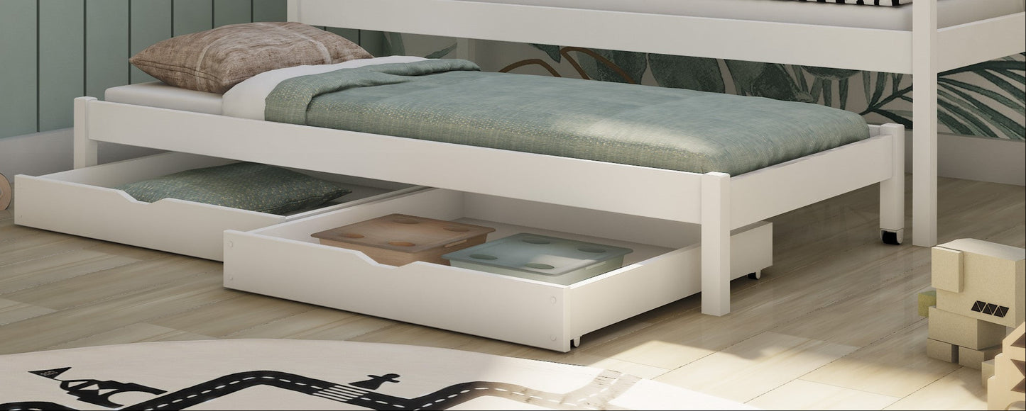 White bed with pull-out trundle and cushions on a wooden floor.