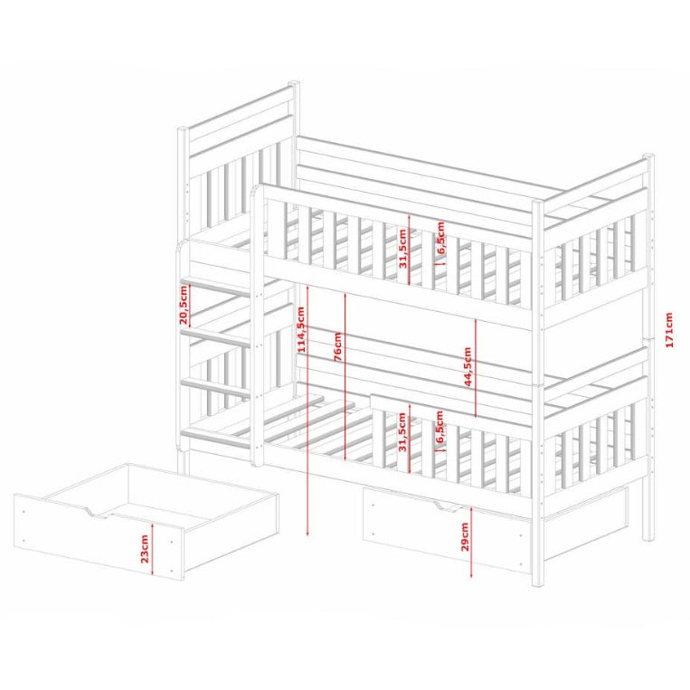 White wooden bunk bed with dimensions marked on a white background