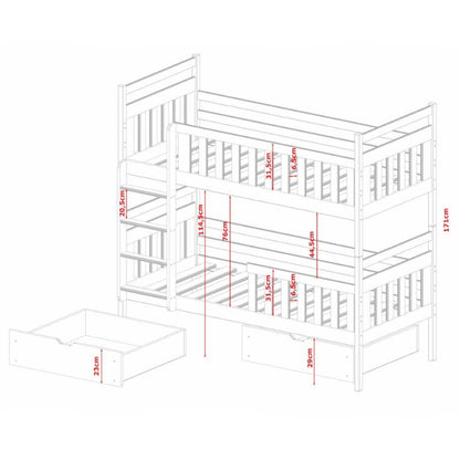 White wooden bunk bed with dimensions marked on a white background