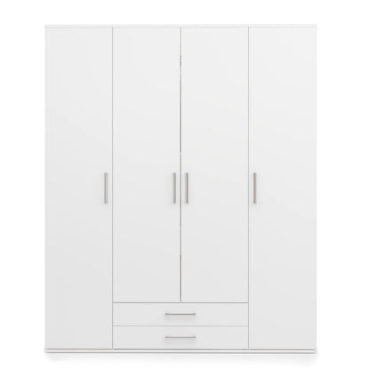 White wardrobe with four doors and two drawers on a white background