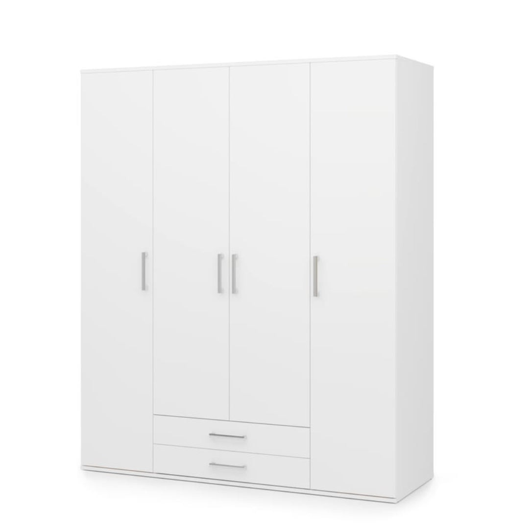 White wardrobe with three doors and two drawers on a white background