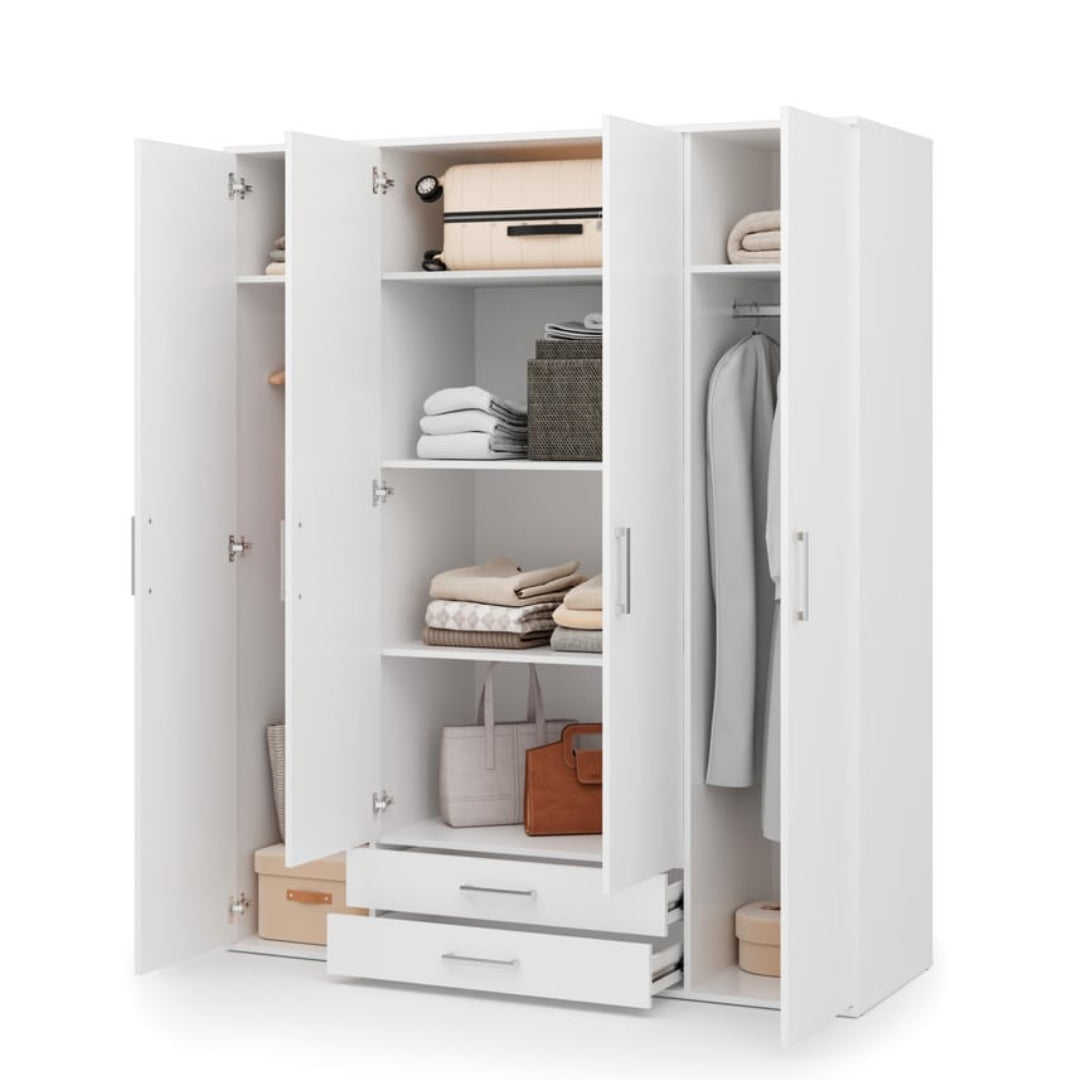 White wardrobe with clothes and shelves on a white background
